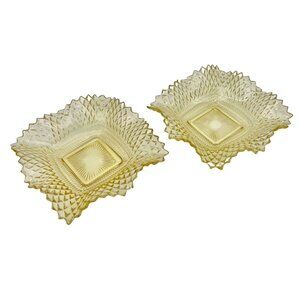 Vintage Square Clear & Yellow Diamond Cut Glass Bowls Set Of 2